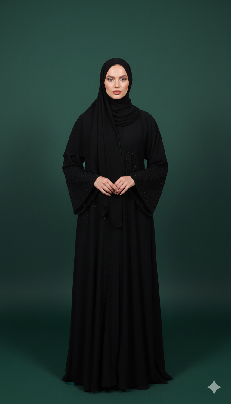 Woman wearing a black abaya against a green background