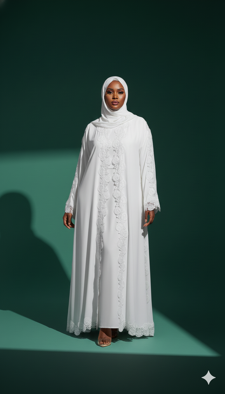 Woman wearing a white dress with lace details on a green background