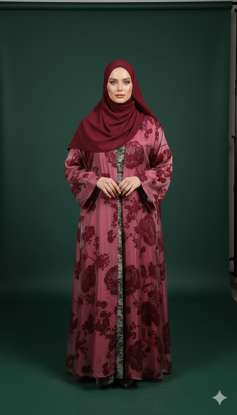 Woman wearing a burgundy floral dress and hijab against a green background
