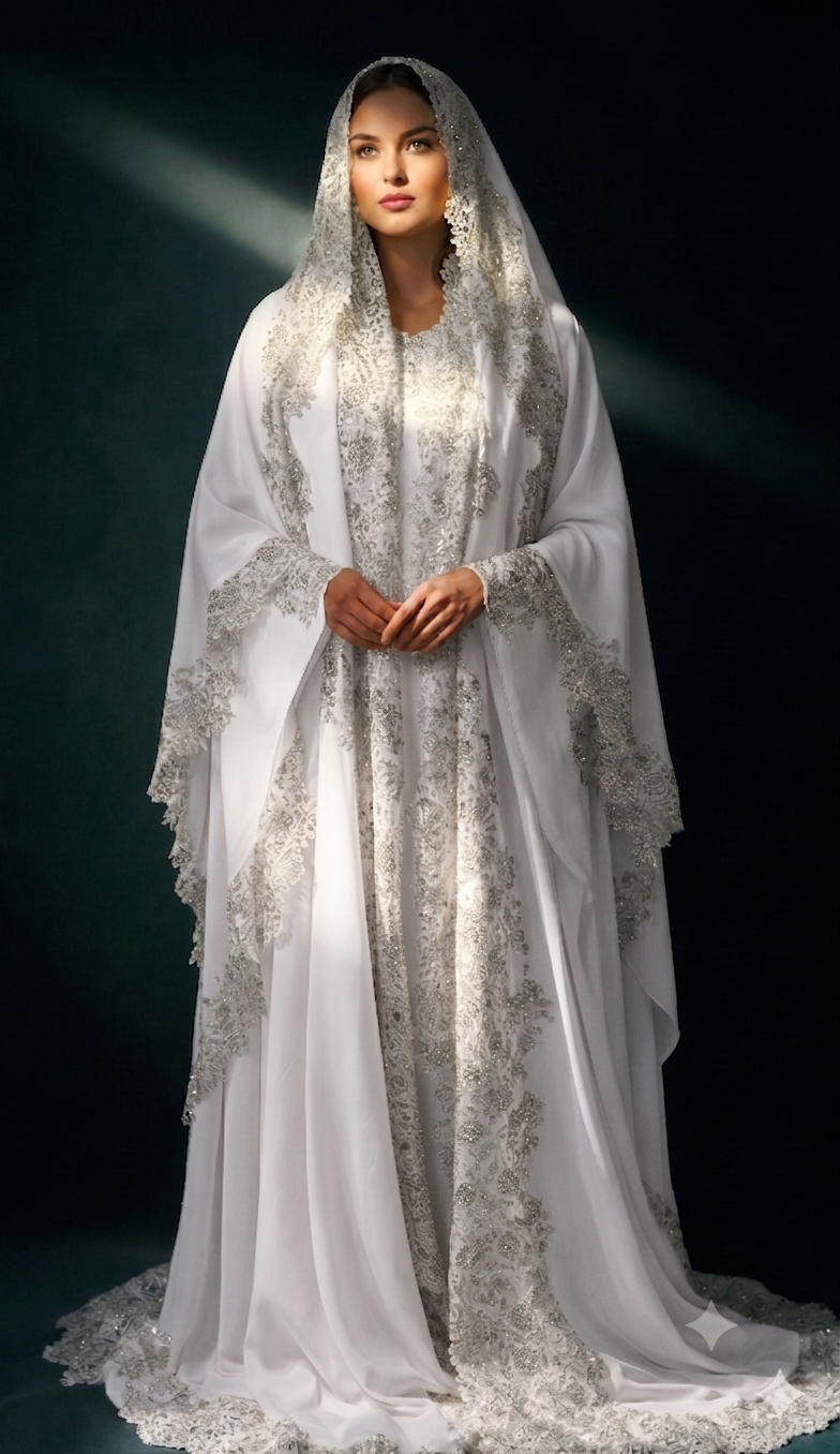 Woman wearing a white lace dress with a hood against a dark background. for bridal abaya, nikkah abaya
