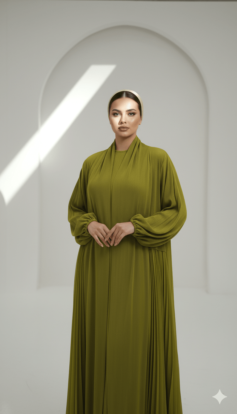 Green Plissé Balloon Sleeve Abaya - MAISONASHSHIFA