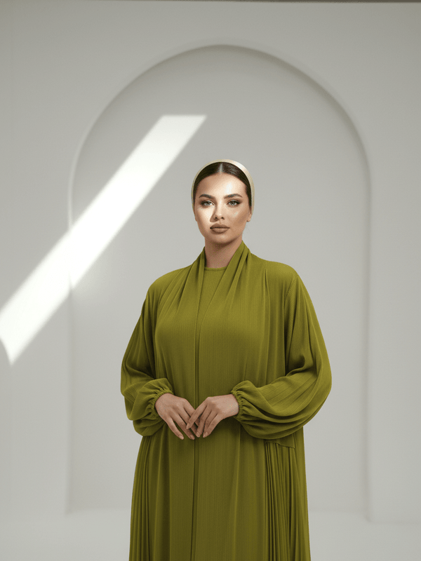Green Plissé Balloon Sleeve Abaya