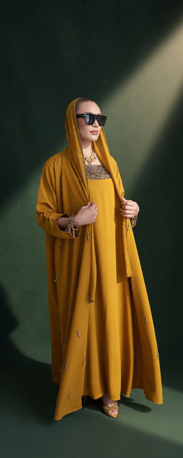 Huda Three-Piece Luxury Abaya Set — full length view, custom sizing available, Maison AshShifa Dubai
