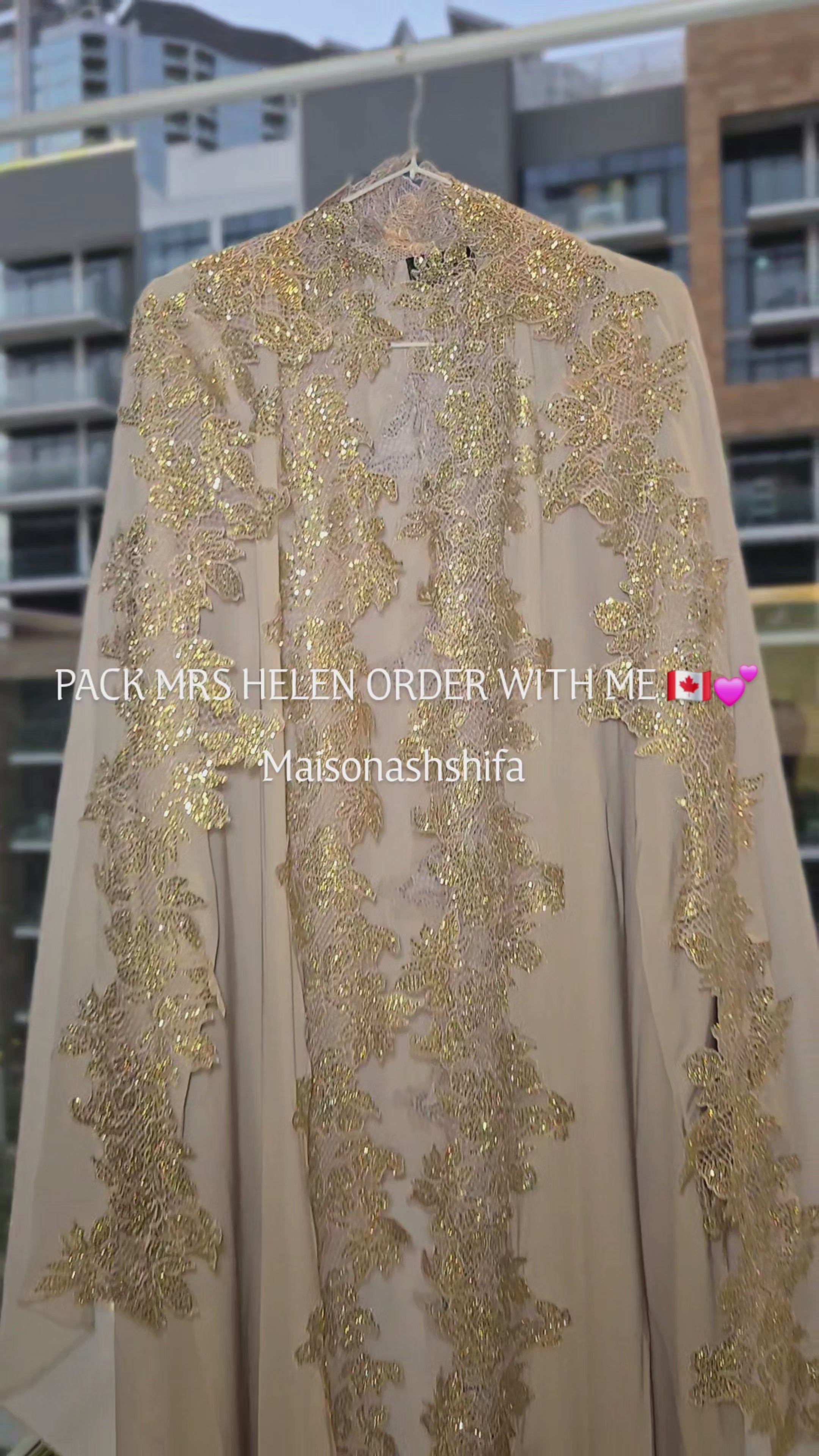 Hind Dainty Lace Abaya Set in beige baya gold, hand-stoned front and back with sparkling lace finish