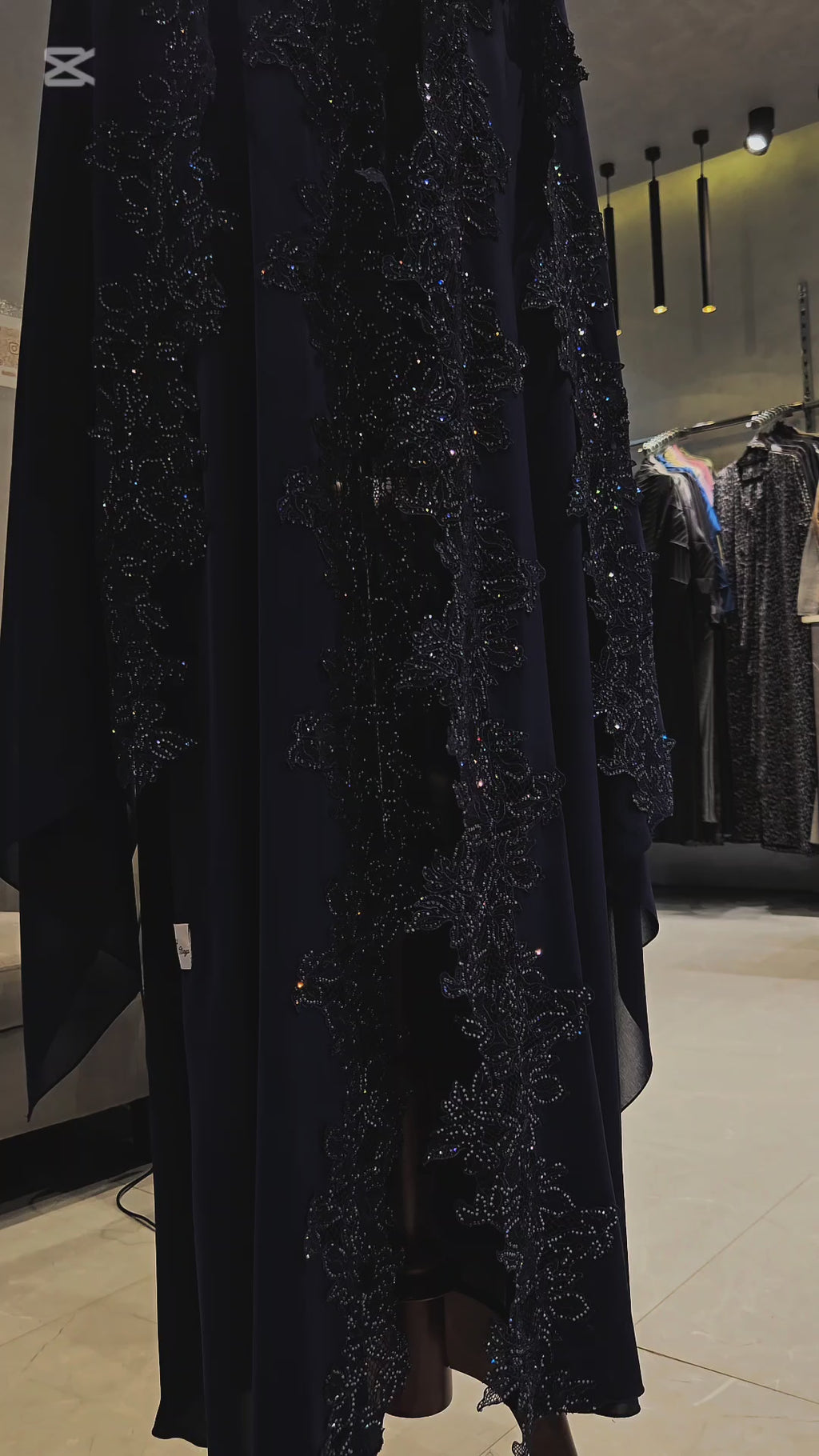 Hind Dainty Lace Abaya Set in drak blue abaya colour hand-stoned front and back with sparkling lace finish