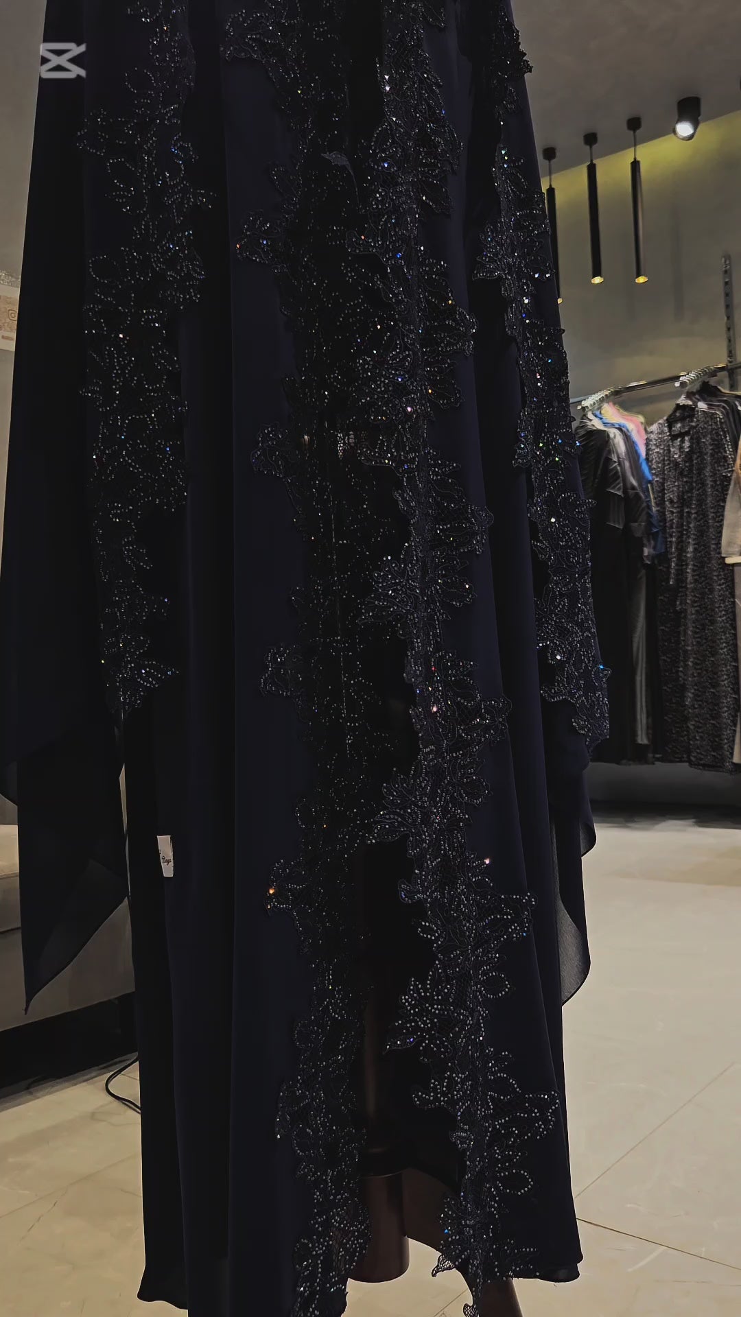 Hind Dainty Lace Abaya Set in drak blue abaya colour hand-stoned front and back with sparkling lace finish