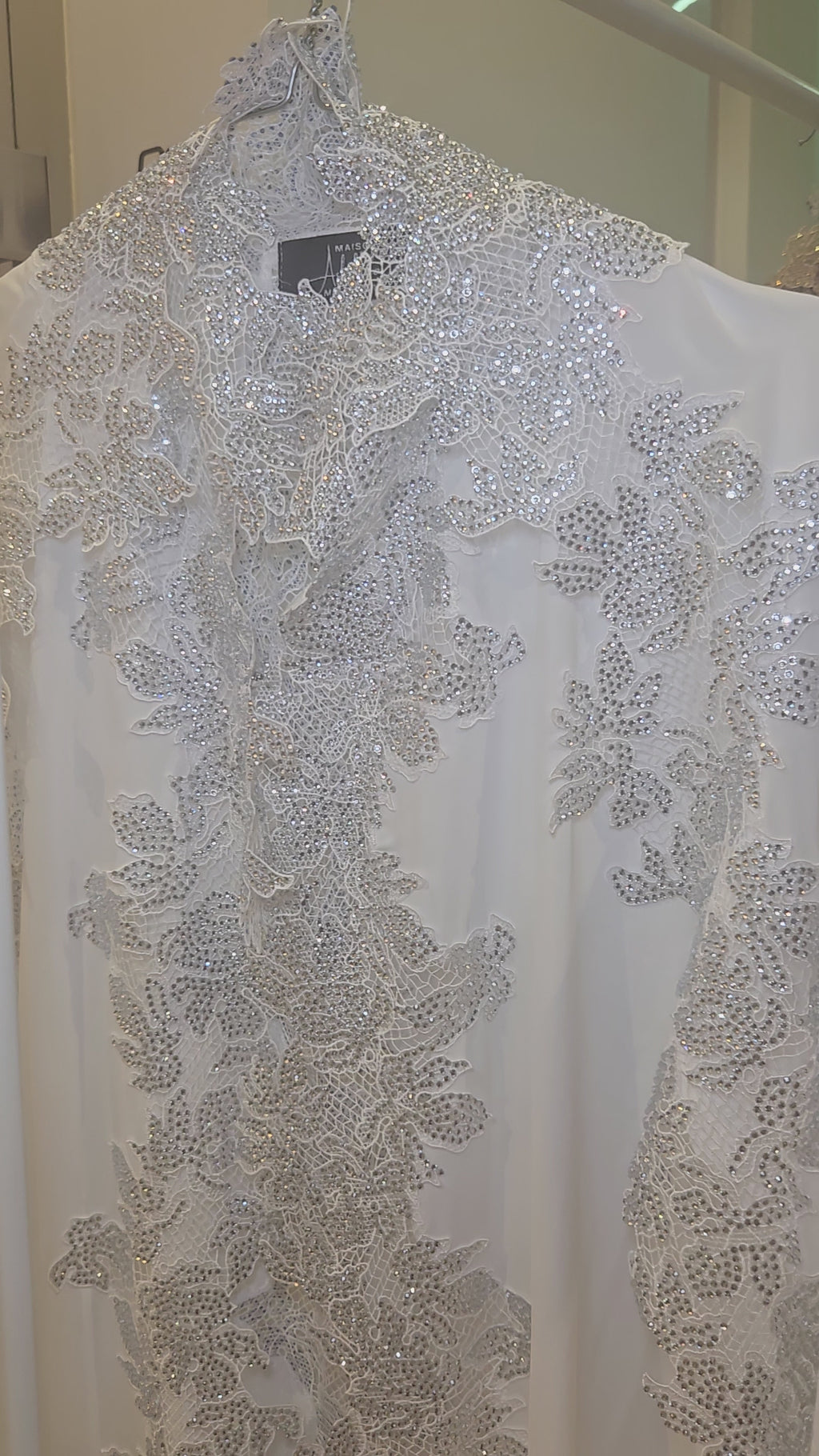 Hind Dainty Lace Abaya Set in white colour hand-stoned front and back with sparkling lace finish. nikkah abaya