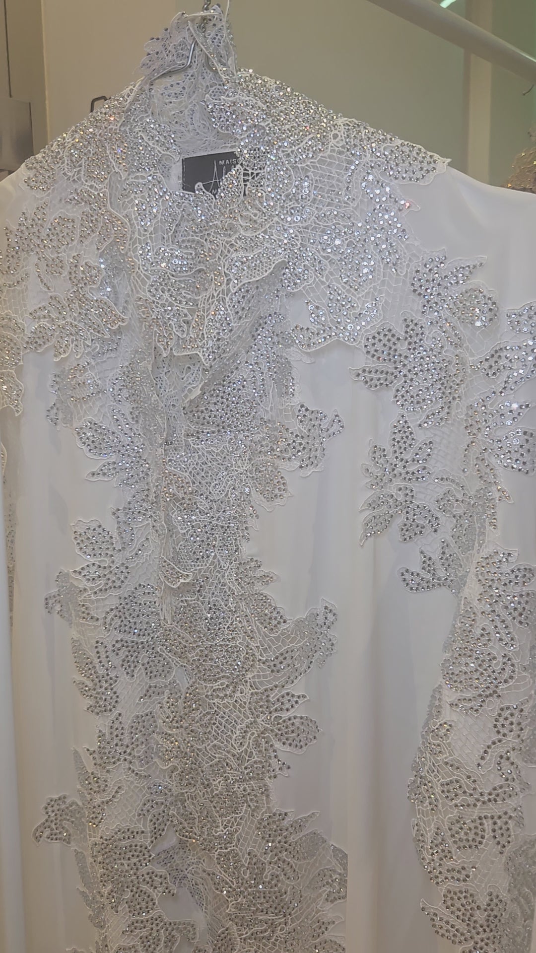 Hind Dainty Lace Abaya Set in white colour hand-stoned front and back with sparkling lace finish. nikkah abaya