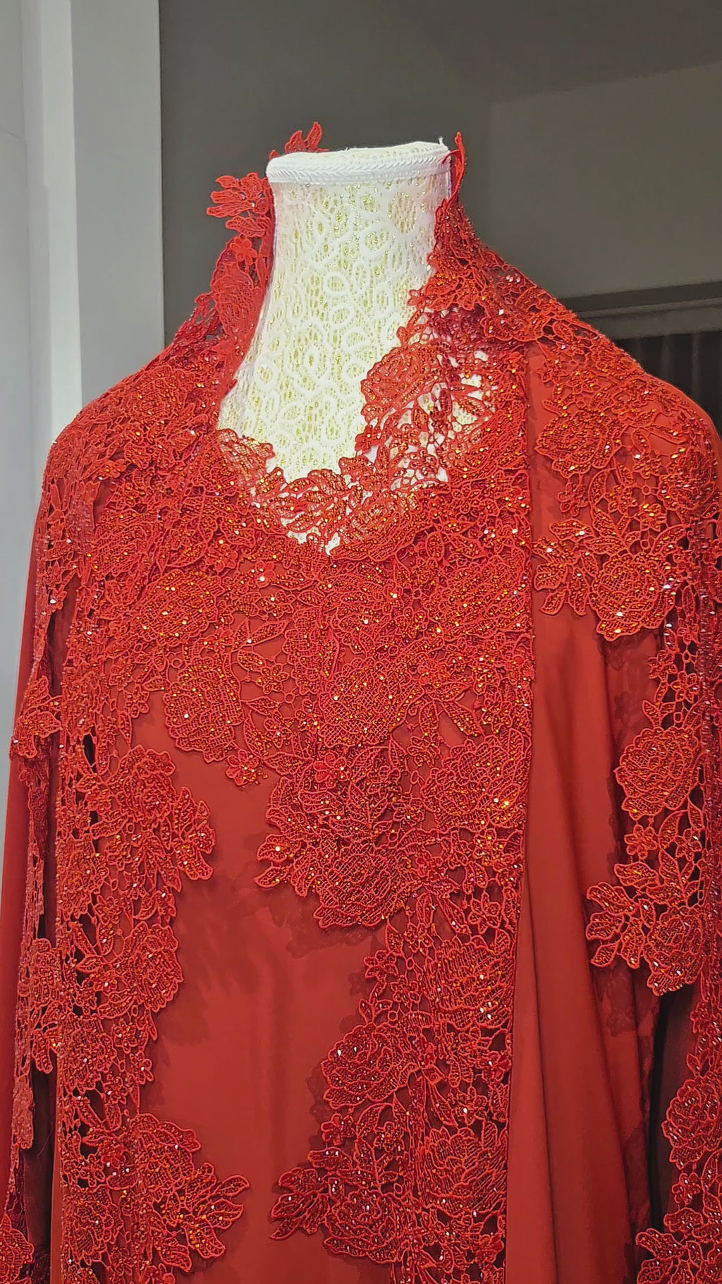 "Queen Mother Lace Abaya Set in orange lace abaya with crystal stone work"