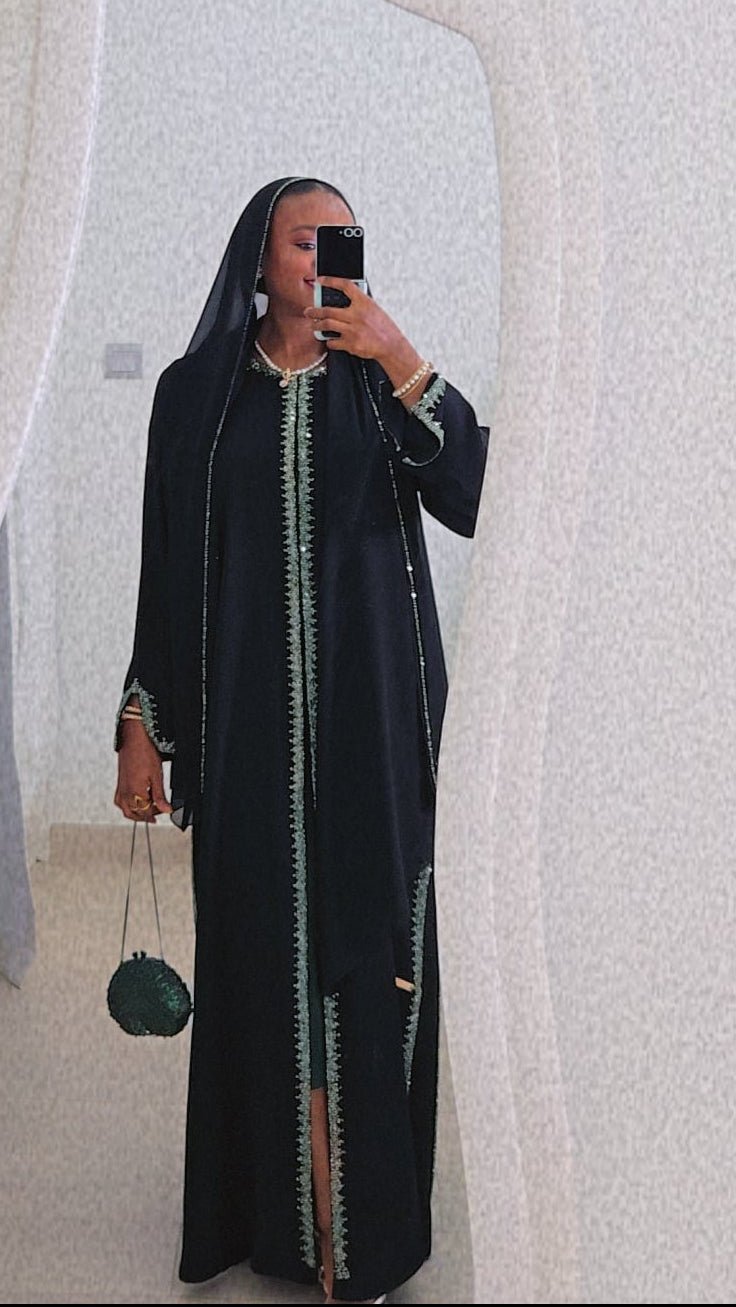 Qamar in Sage Green Luxury ABaya Set - MAISONASHSHIFA