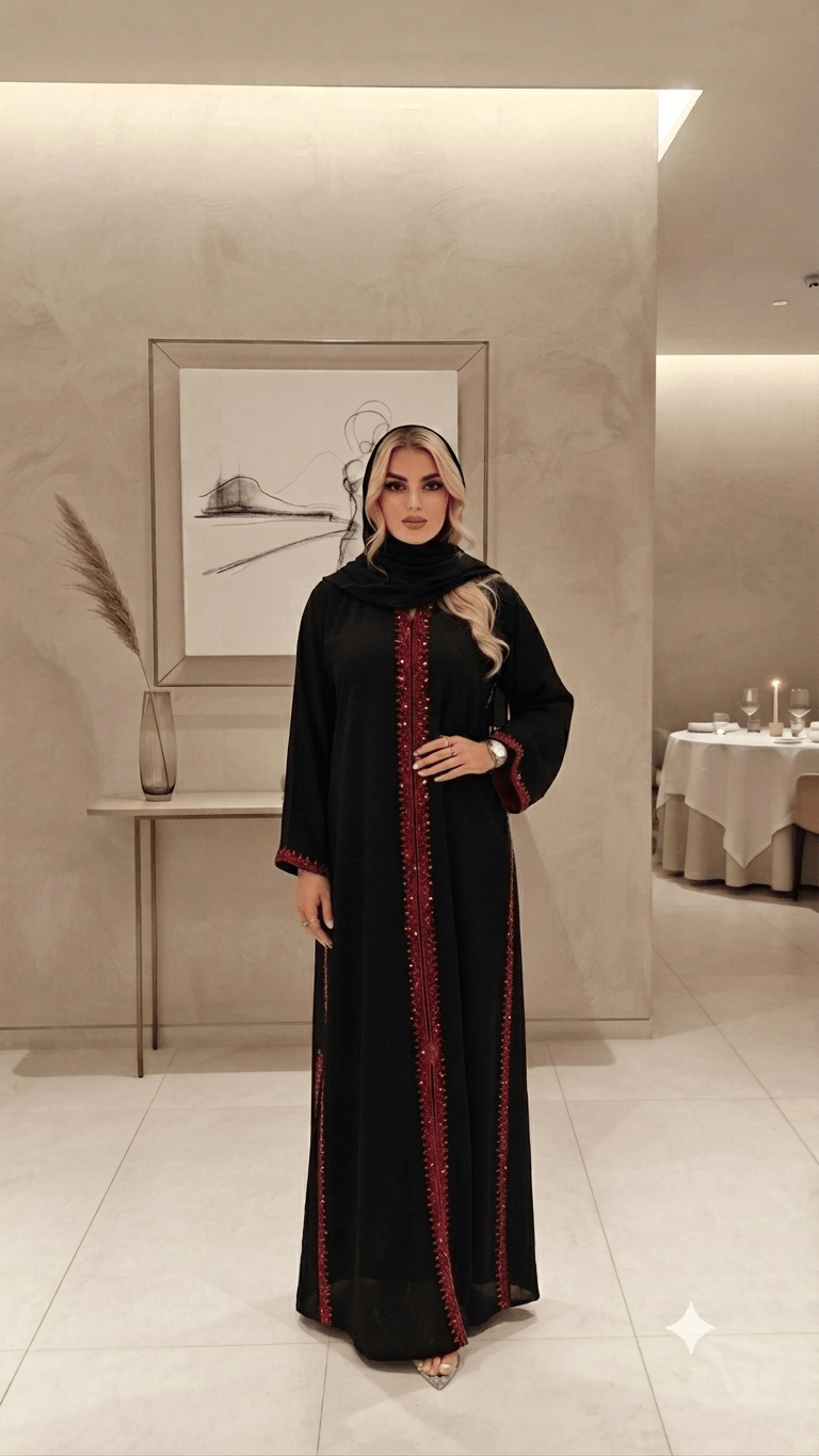 Qamar Peach Coral Luxury Abaya Set - Maison Ashshifa