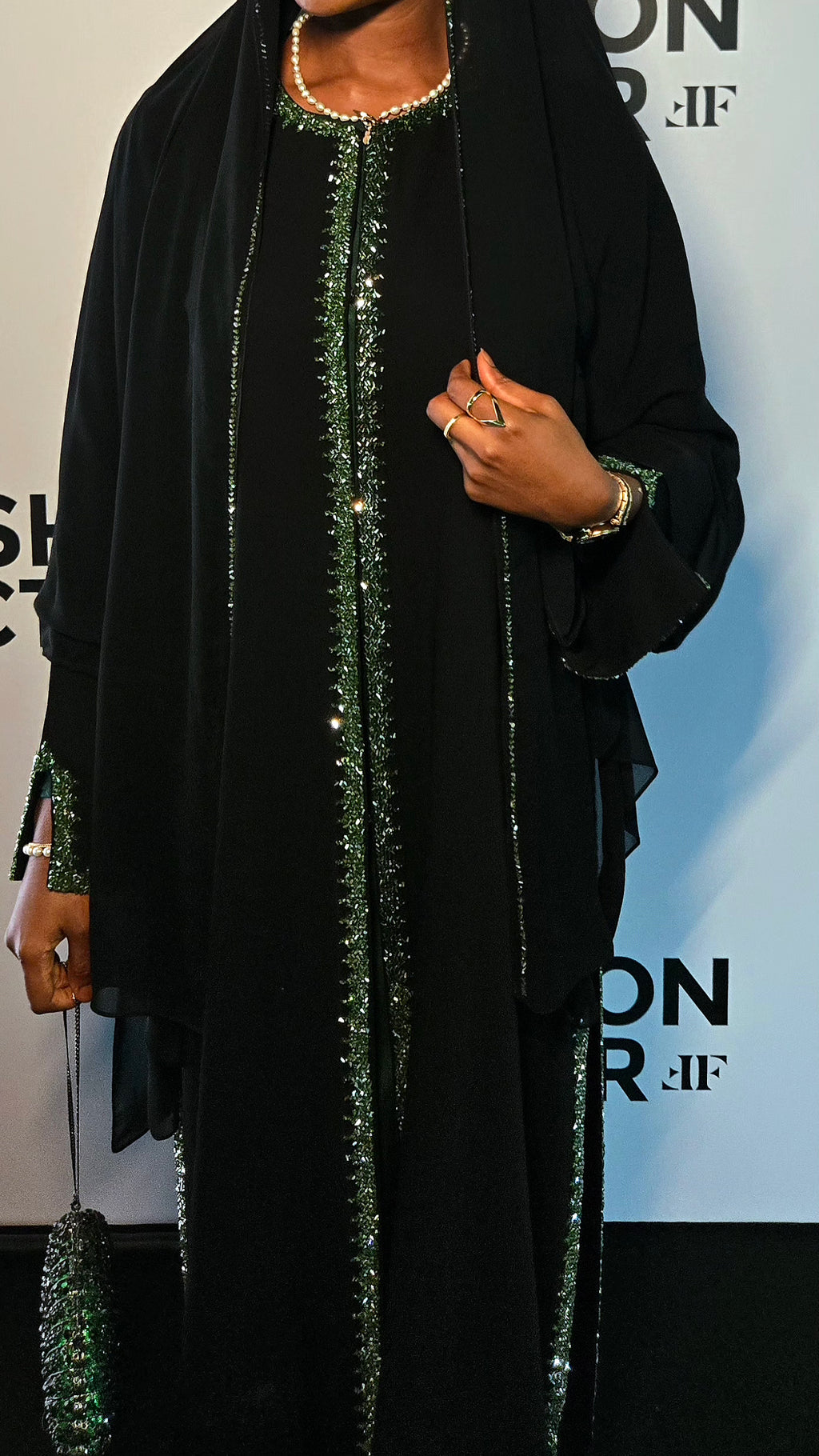 Qamar Abaya Set in sage green crepe with crystal hand-beaded detailing, three-piece occasion set