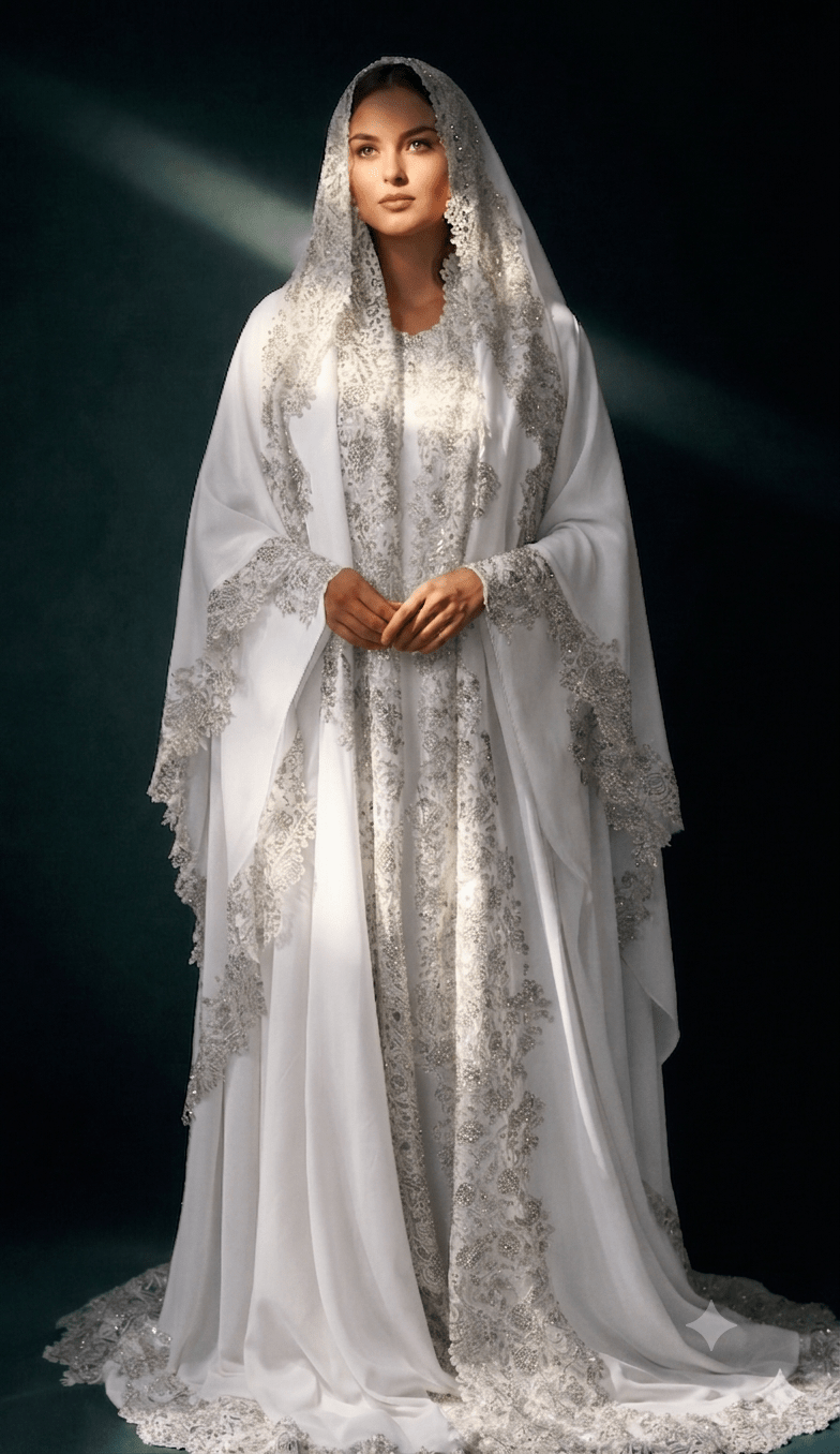 Queen Mother Luxury Lace Abaya Set — Farasha bat wing bridal edition, crystal lace three-piece set for nikkah and walimah