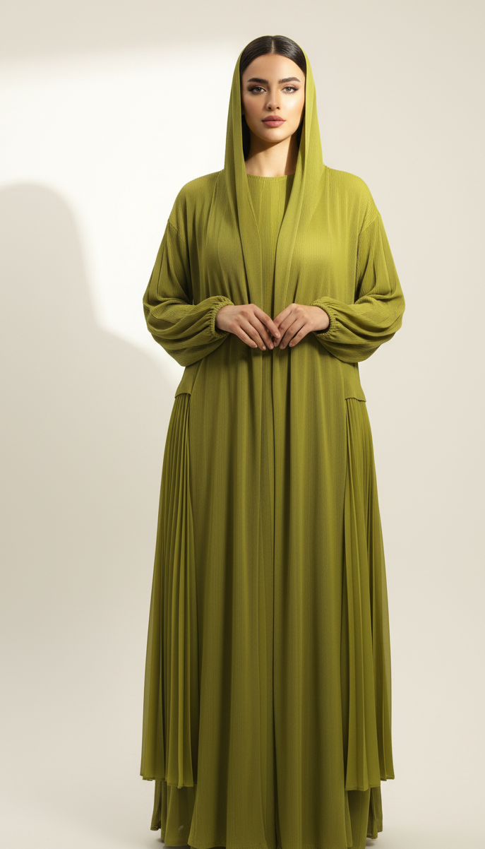 Green Plissé Balloon Sleeve Abaya