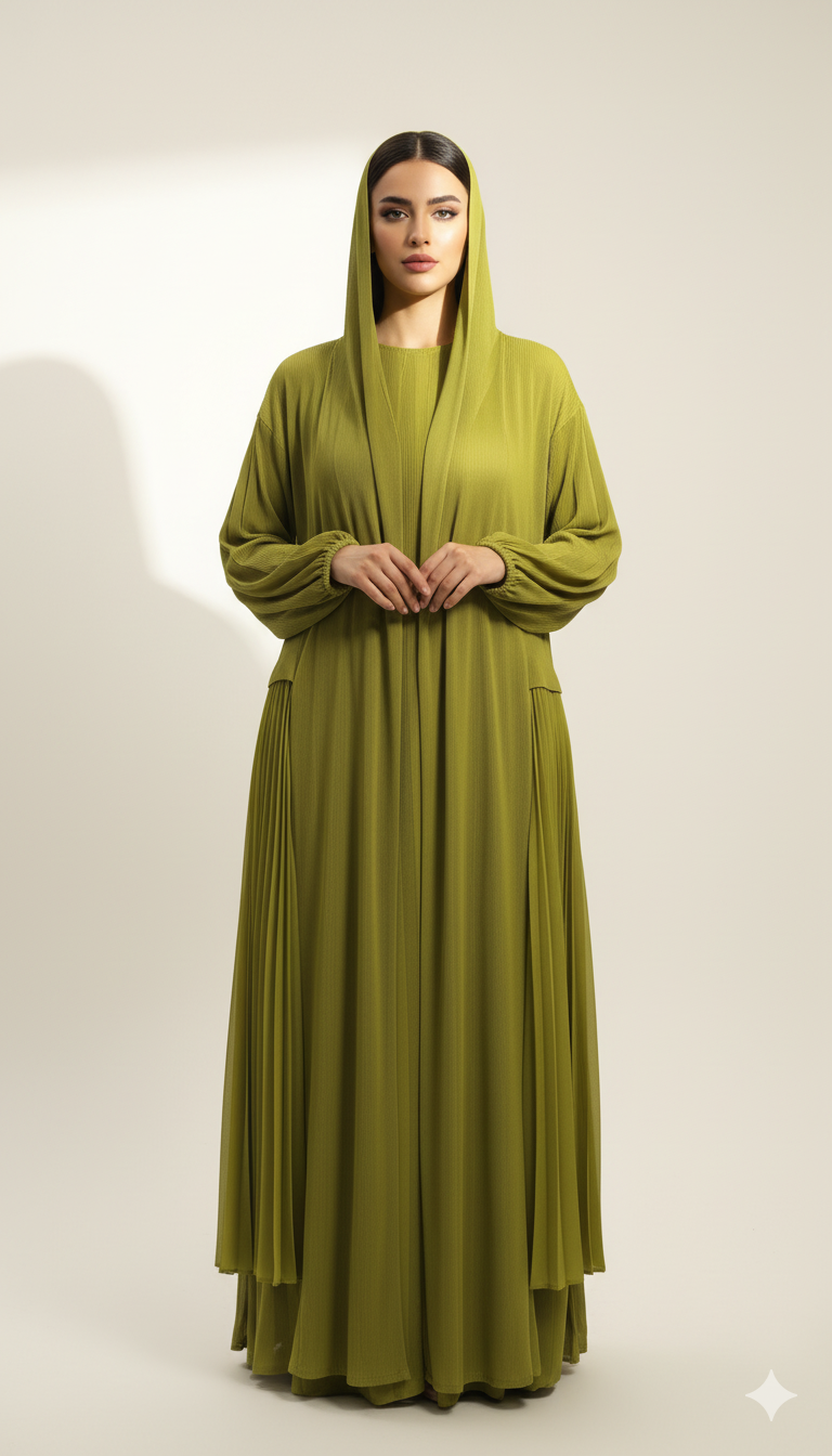 Green Plissé Balloon Sleeve Abaya