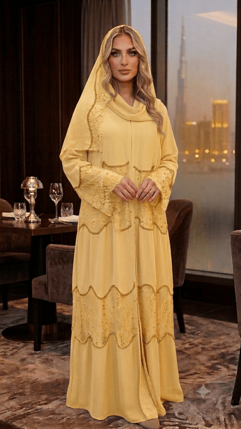 Sa'a Gold Lace Luxury Abaya Set - Maison Ashshifa