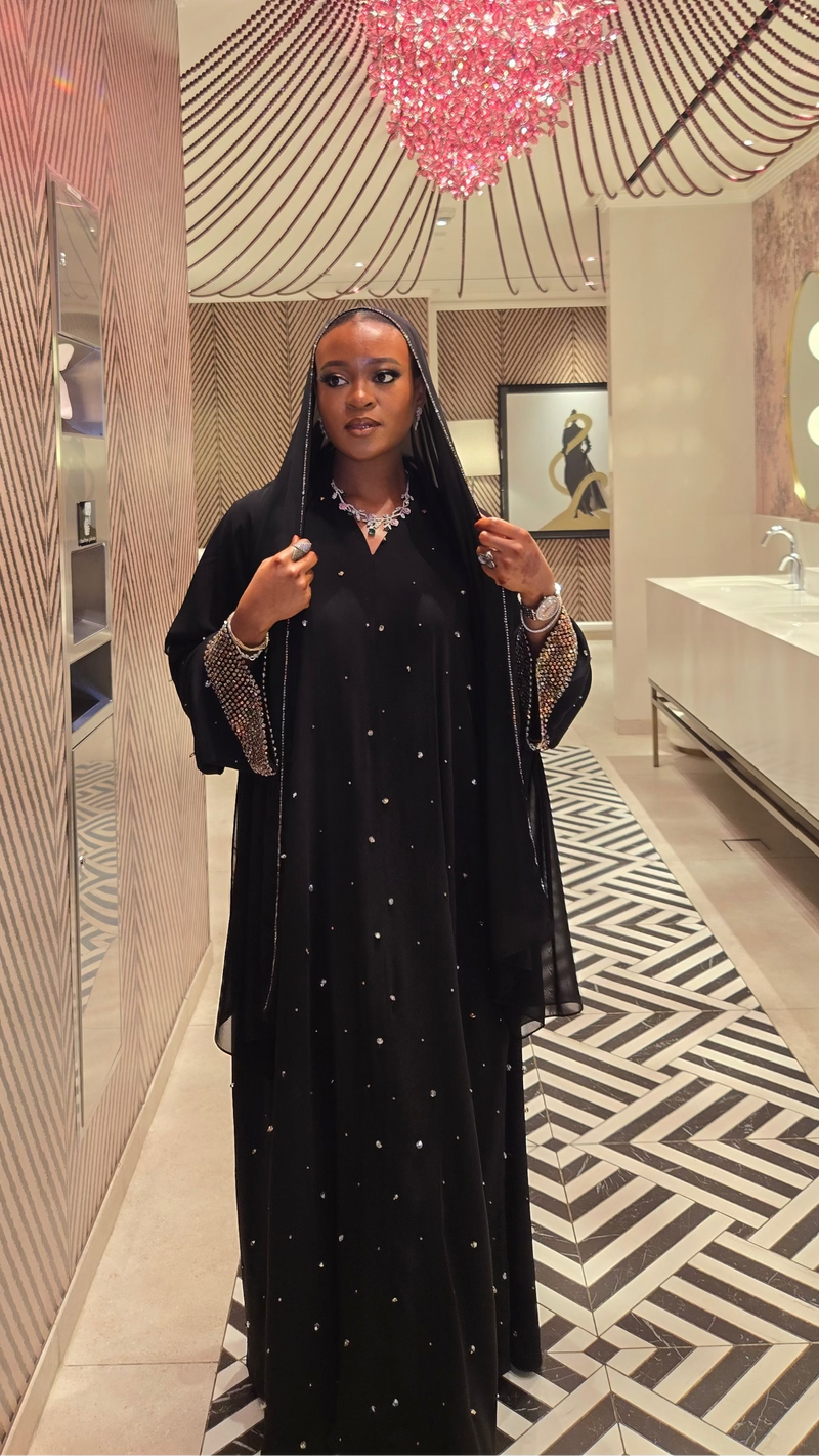 Shams Luxury Abaya Set — premium Korean crepe with rainbow crystal hand-beading and umbrella cut, black occasion abaya